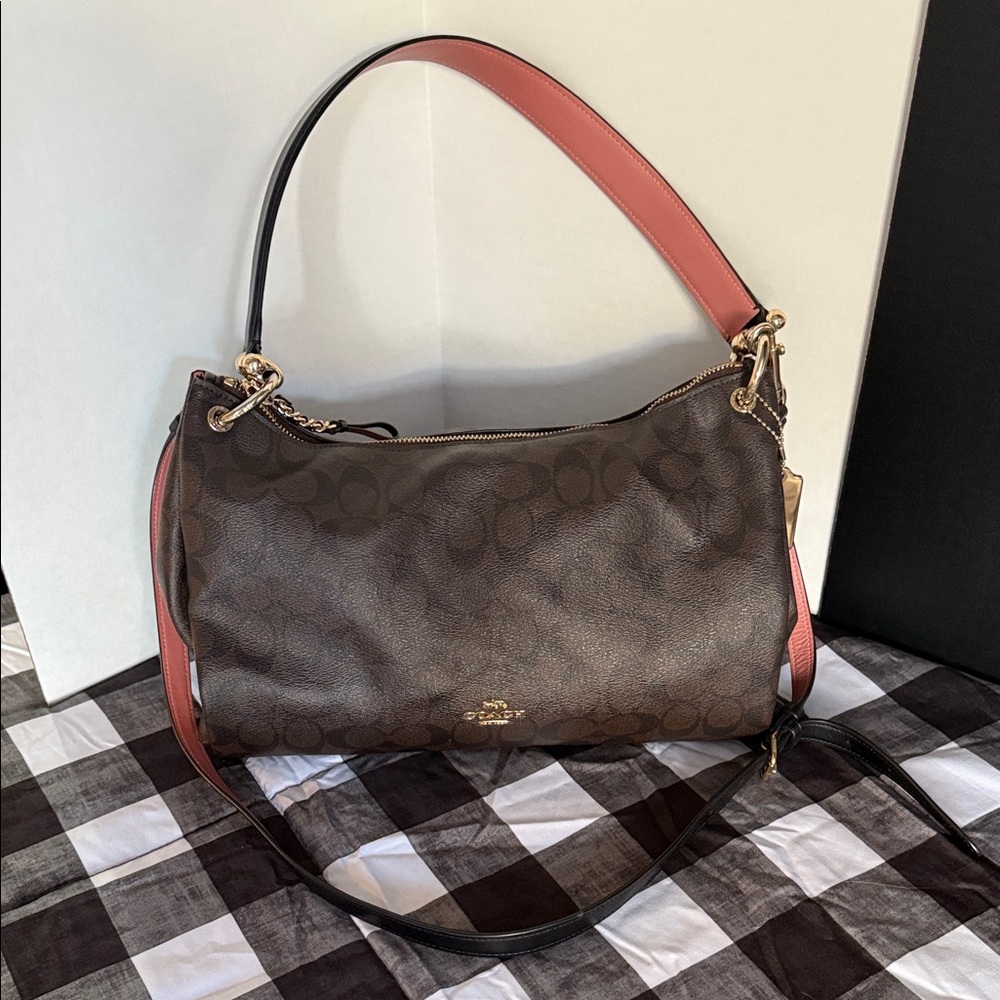 Coach Brown and Pink Signature Shoulder Bag